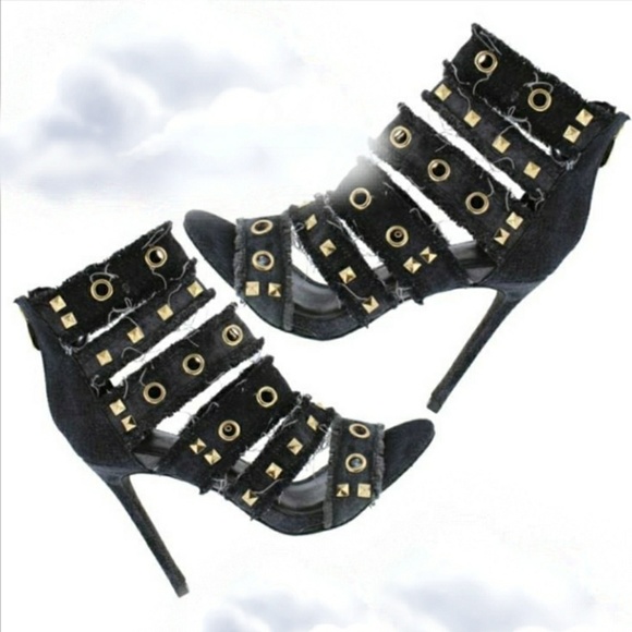 Liliana Shoes - Black Denim Frayed Distress Studded Strappy Heels